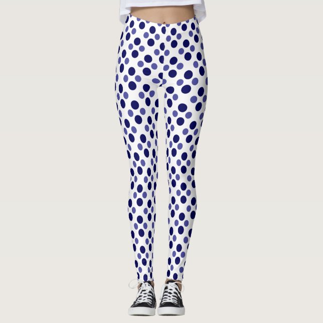 Party Festive blue polka dots on white Leggings (Front)