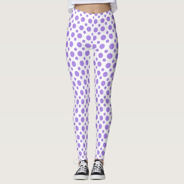 Party Festive purple polka dots on white Leggings (Front)