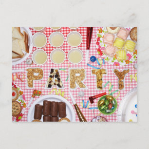 Party food on table in dishes spelling 'PARTY', Postcard
