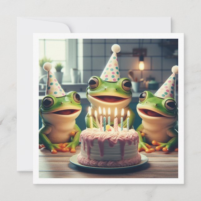 Party frogs eating cake birthday invitation (Front)