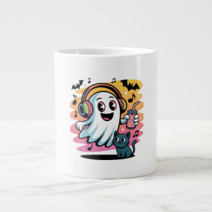 Party Ghost with Cat Cute Halloween Cartoon  Large Coffee Mug