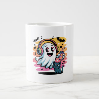Party Ghost with Cat Cute Halloween Cartoon  Large Coffee Mug