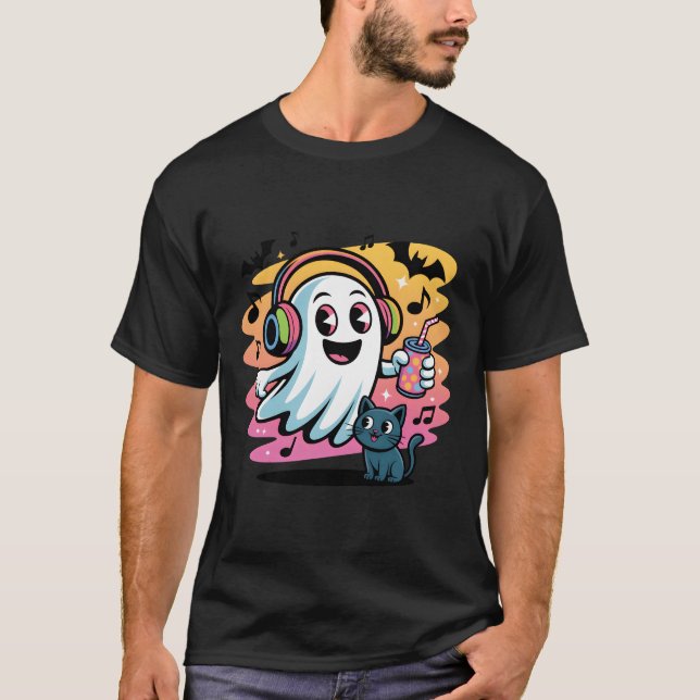 Party Ghost with Cat Cute Halloween Cartoon T-Shirt (Front)