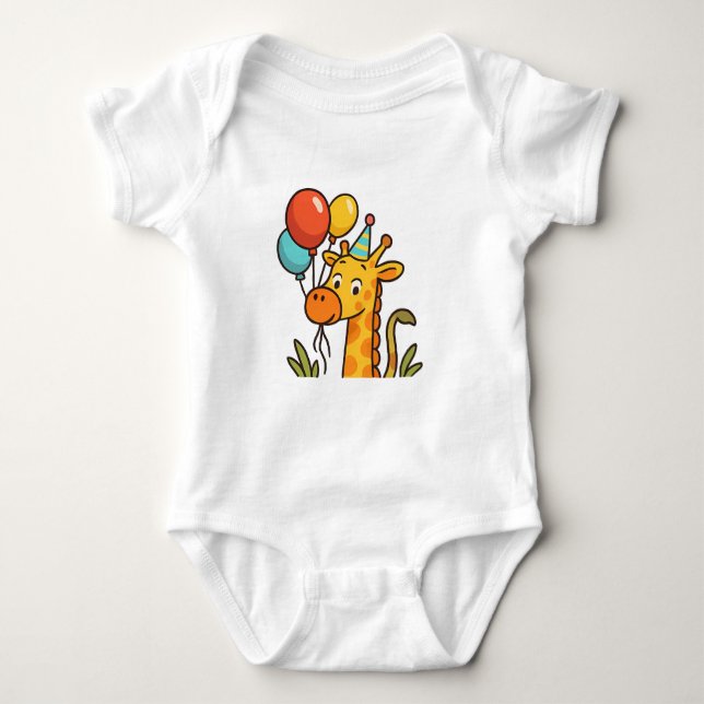Party Giraffe Baby Tee with Balloons & Giggles (Front)