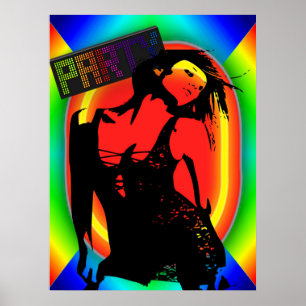 Party Girl In Black Dress  Neon Colours Poster