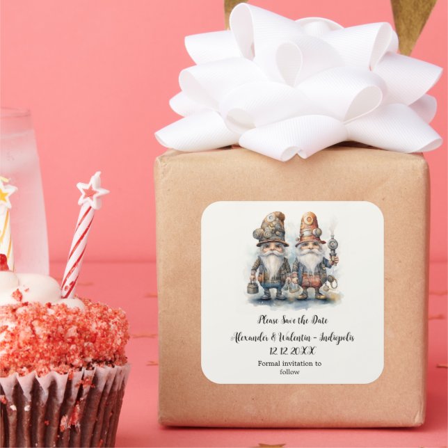 Party Gnomes Save the date Square Sticker (Party)