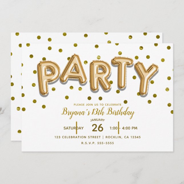 PARTY Gold Balloons & Confetti Birthday ANY COLOR Invitation (Front/Back)