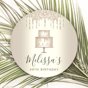 Party gold cake glitter drips elegant girly glam round paper coaster