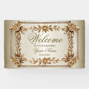 Party Gold Ornate Rectangle Dimond Flowers Shiny Banner