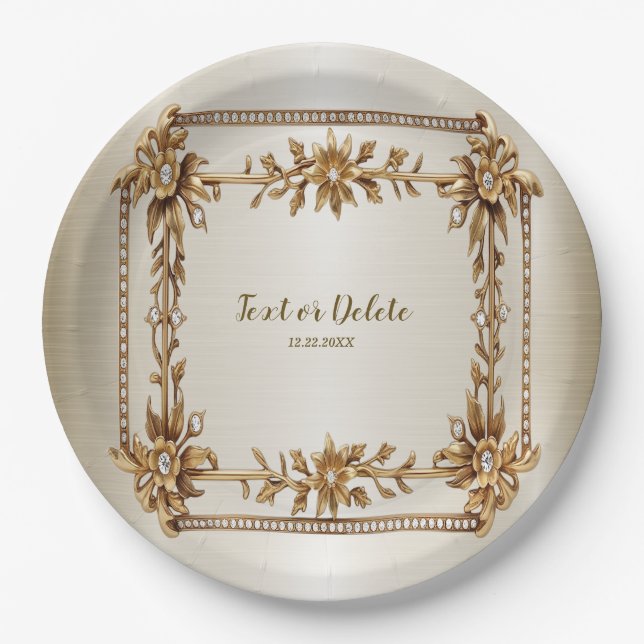 Party Gold Ornate Rectangle Dimond Flowers Shiny Paper Plate (Front)