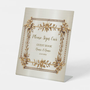 Party Gold Ornate Rectangle Dimond Flowers Shiny Pedestal Sign