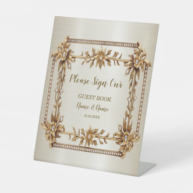 Party Gold Ornate Rectangle Dimond Flowers Shiny Pedestal Sign (Front)