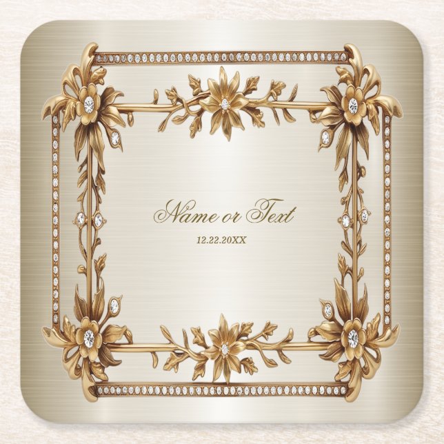 Party Gold Ornate Rectangle Dimond Flowers Shiny Square Paper Coaster (Front)