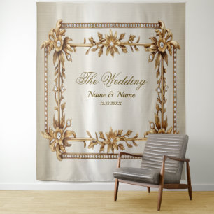 Party Gold Ornate Rectangle Dimond Flowers Shiny Tapestry