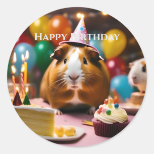 Party Guinea Pig Celebrates With Cake And Balloon, Classic Round Sticker