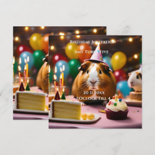 Party Guinea Pig Celebrates With Cake And Balloon, Invitation