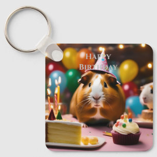 Party Guinea Pig Celebrates With Cake And Balloon, Key Ring