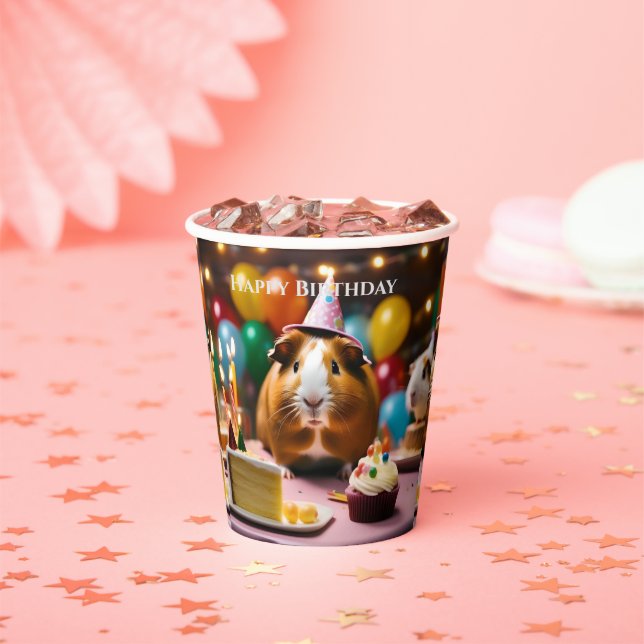 Party Guinea Pig Celebrates With Cake And Balloon, Paper Cups (Insitu)