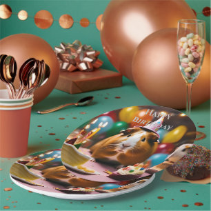 Party Guinea Pig Celebrates With Cake And Balloon, Paper Plate