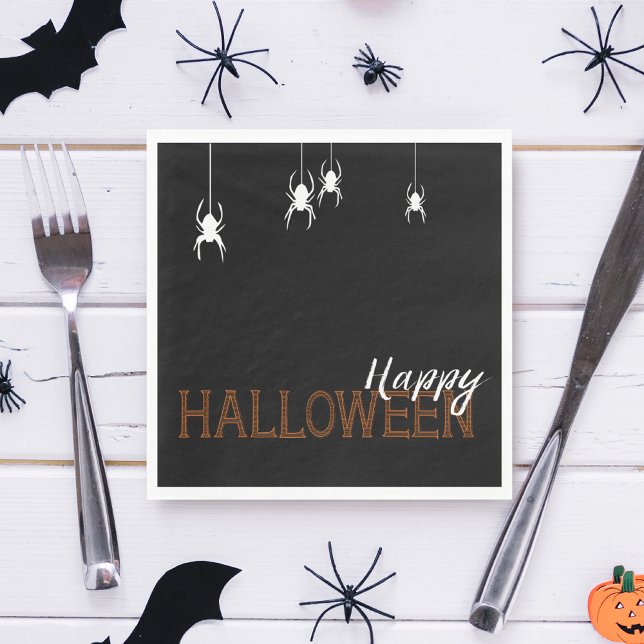 Party Happy Orange Halloween Spiders | Party Napkin (These napkins with spiders dropping in are the perfect addition to your spooky Halloween party.)
