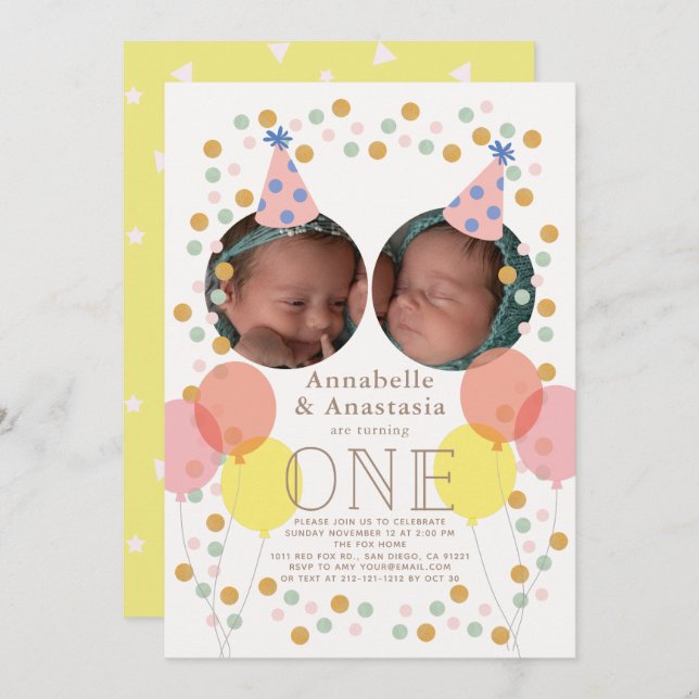 Party Hat & Balloon Photo Twin Girls 1st Birthday Invitation (Front/Back)