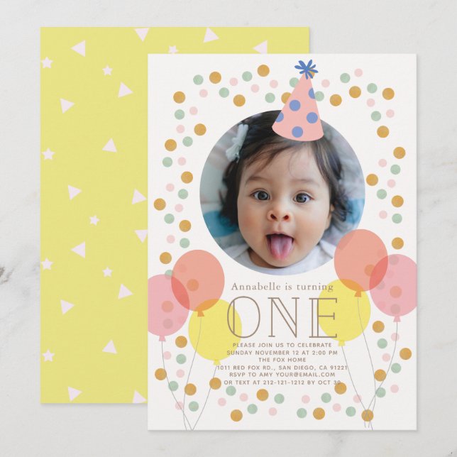 Party Hat & Balloons Pink Photo 1st Birthday Invitation (Front/Back)