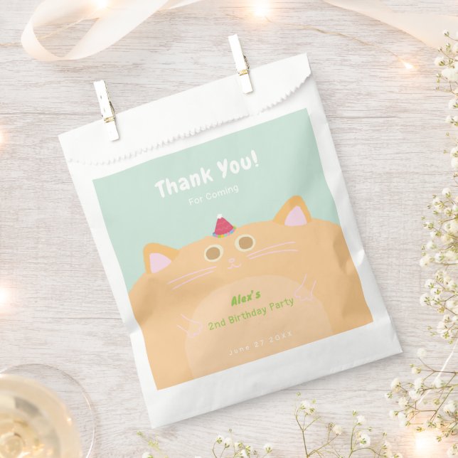 Party Hat Cat Mint Green Birthday Favour Bag (Clipped)
