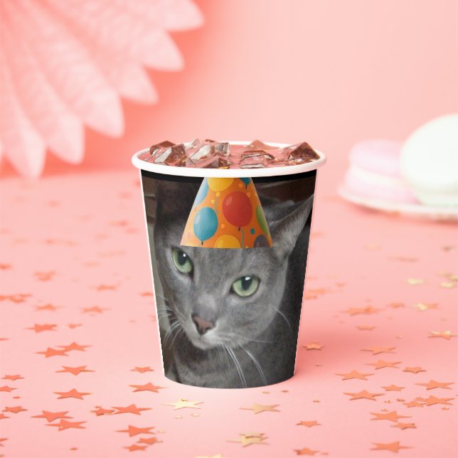 Party Hat Grey Cat Paper Cups (Insitu)