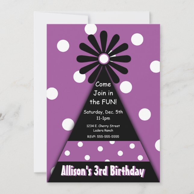 Party Hat with Purple Polka Dots Invitation (Front)