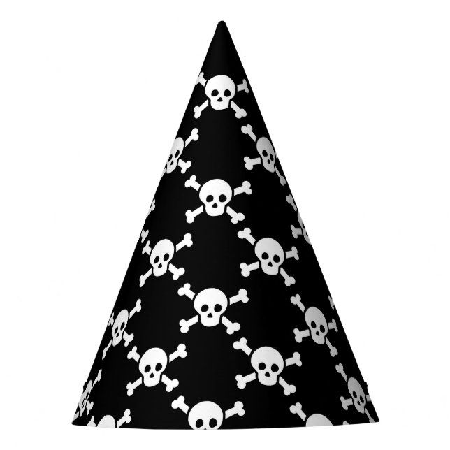 Party Hat with white skulls & cross bones on black (Front)