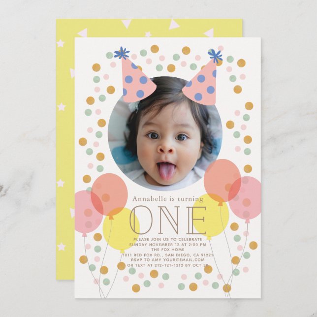 Party Hats & Balloons Pink Photo 1st Birthday Invitation (Front/Back)