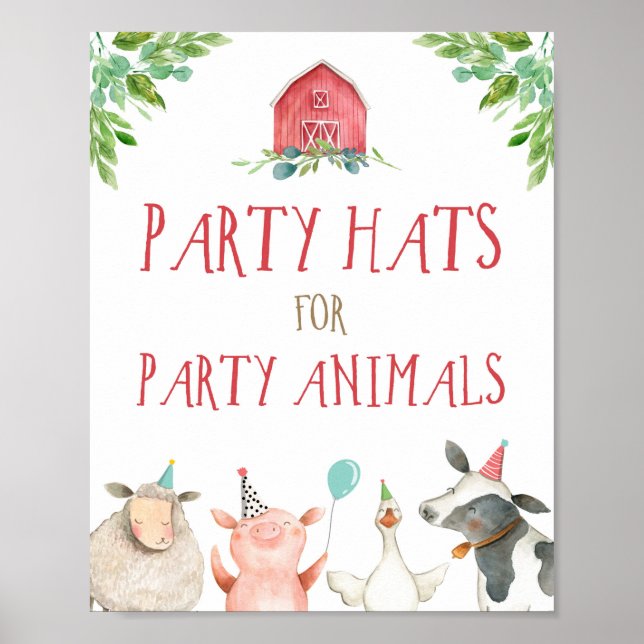 Party Hats Farm Animals Barnyard Boy Birthday Poster (Front)