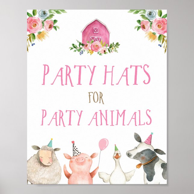 Party Hats Farm Animals Barnyard Girl Birthday Pos Poster (Front)