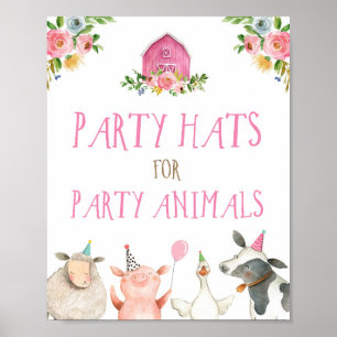 Party Hats Farm Animals Girl Birthday Pink Poster
