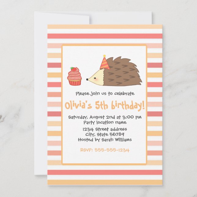 Party Hedgehog and Cupcake Invitation (Front)