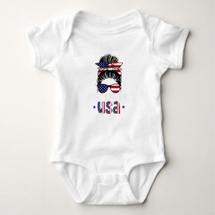 Party In USA Messy Bun 4th July Patriotic Baby Bodysuit