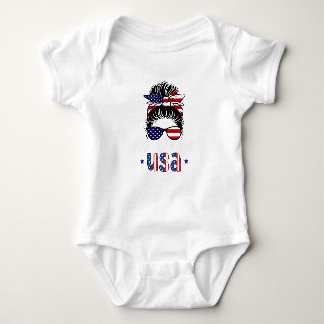 Party In USA Messy Bun 4th July Patriotic Baby Bodysuit (Front)
