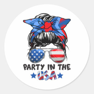 Party In Usa Messy Bun Hair American Flag 4th Of J Classic Round Sticker