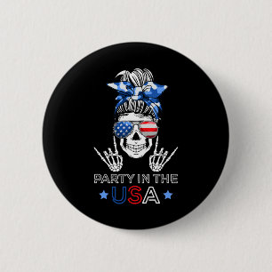 Party In Usa Messy Bun Skeleton Rock N Roll 4th Of 6 Cm Round Badge