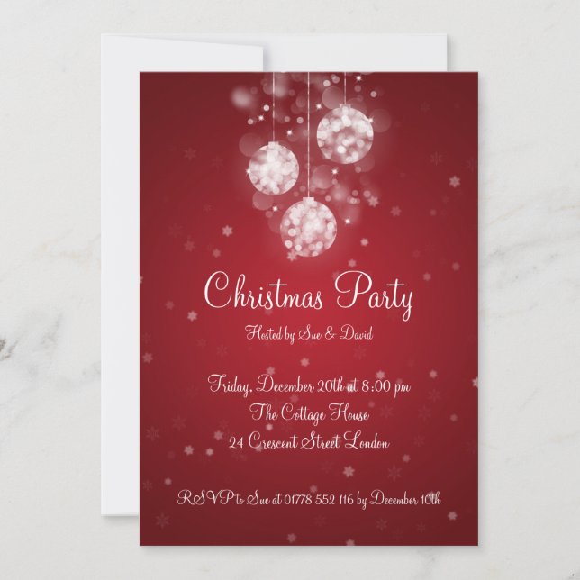 Party Invitation Elegant Sparkling Baubles Red (Front)
