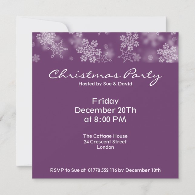 Party Invitation Falling Snowflakes Plum Purple (Front)