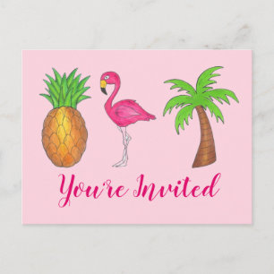 Party Invitation Pink Flamingo Palm Tree Pineapple Postcard