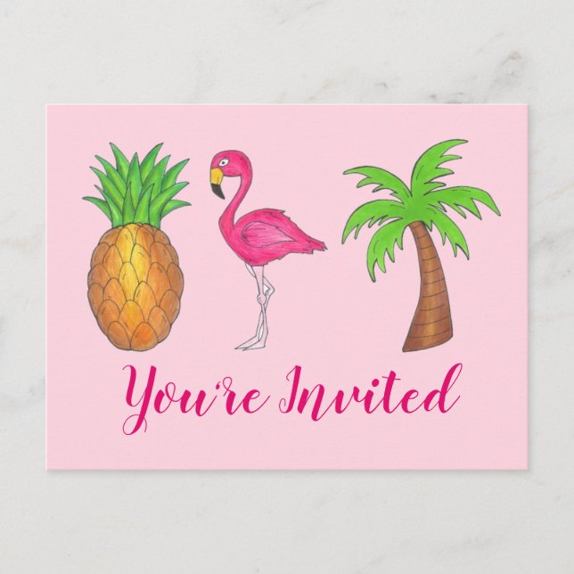 Party Invitation Pink Flamingo Palm Tree Pineapple Postcard (Front)