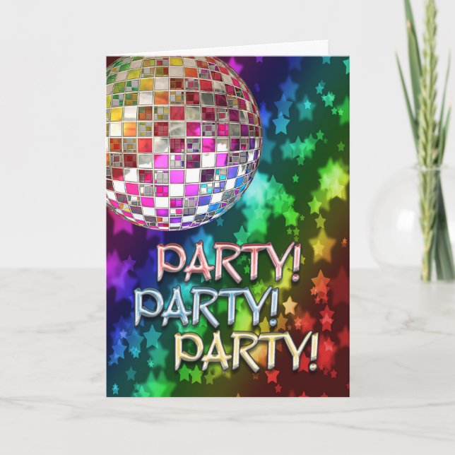 PARTY invitation with disco ball and rainbow of st (Front)