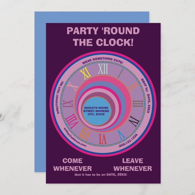Party Invite 24-Hour Round Clock Blue Purple Pink  (Front/Back)