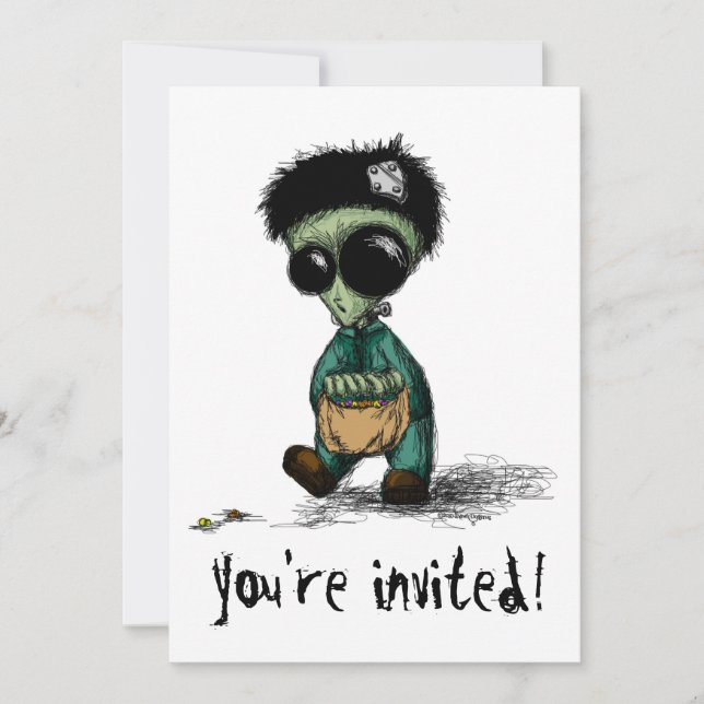 Party Invite Postcard Cute Alien Halloween Cartoon (Front)