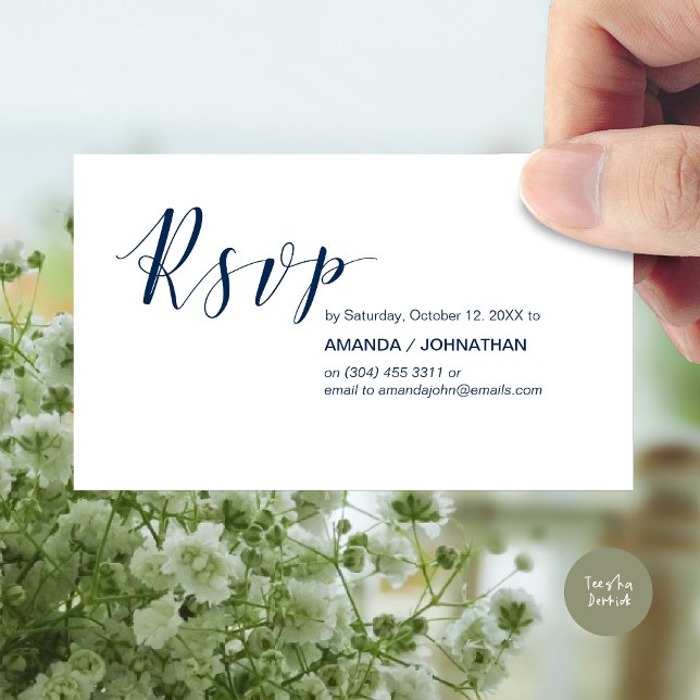 Party Invites RSVP, Modern Elegant Navy Blue (Modern Wedding RSVP Invitation Card, Online reply, Email or phone, in navy blue)