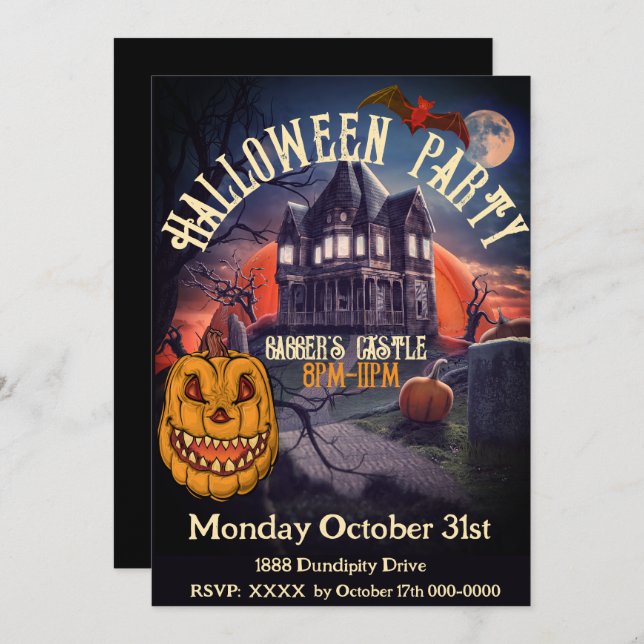Party Jack o Lantern Castle Black Vintage Invitation (Front/Back)