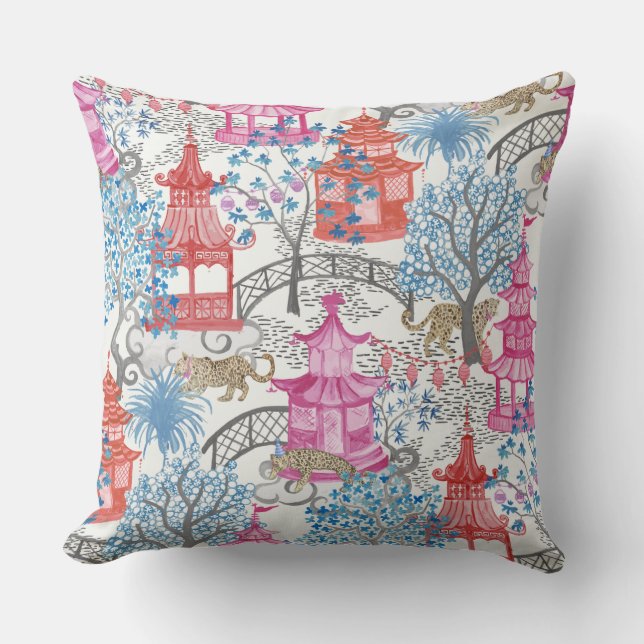 Party Leopards in the Pagoda Forest in Spicy Pink Cushion (Front)