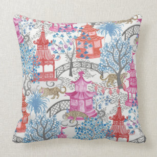 Party Leopards in the Pagoda Forest in Spicy Pink Cushion
